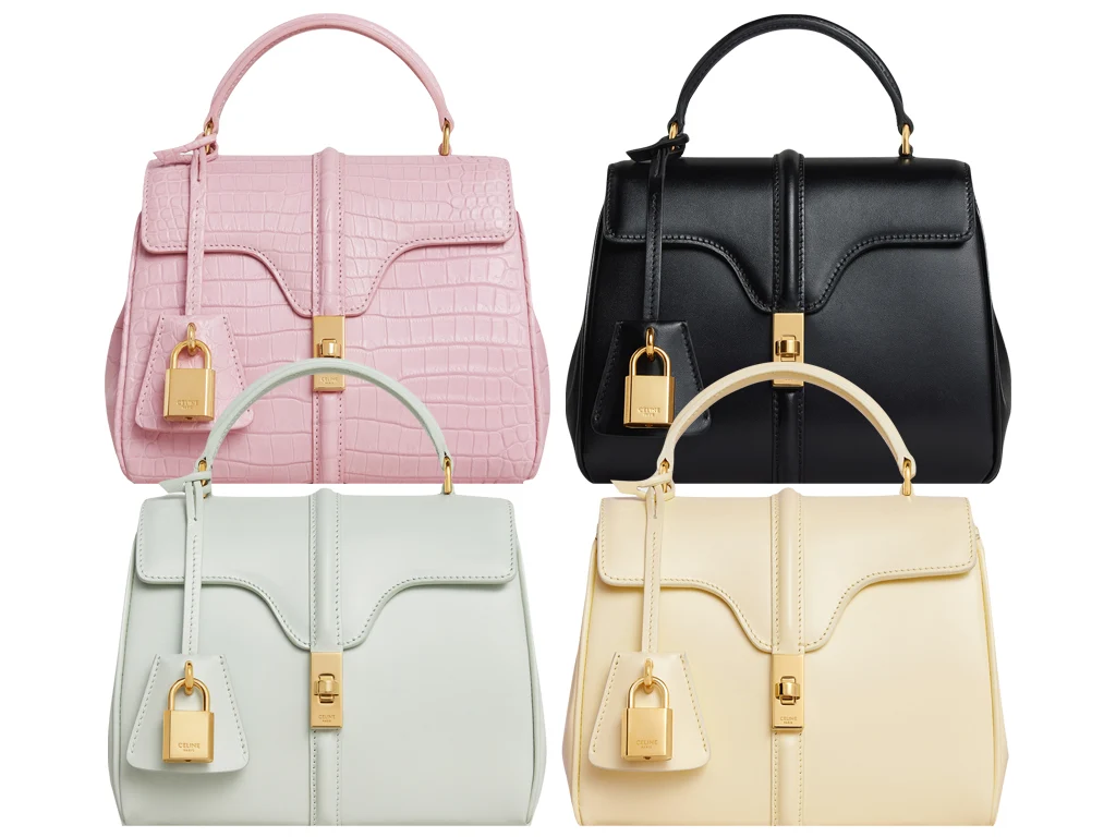 Celine 16 top handle bag shown in pink, black, gray, and ivory