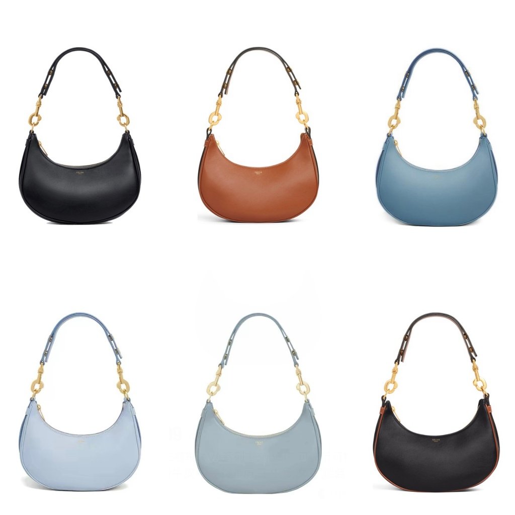 Celine Ava shoulder bag shown in black, brown, blue, and pale blue