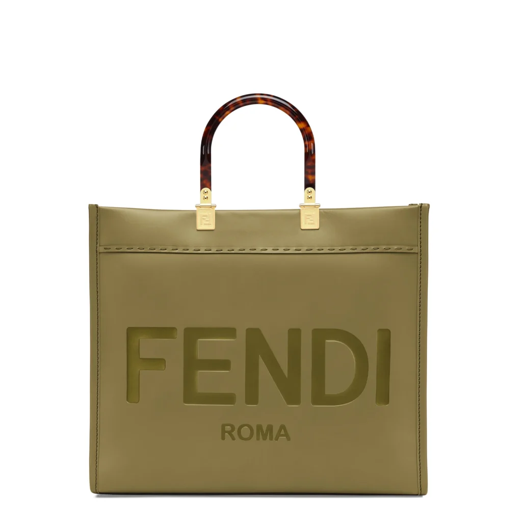 Olive Fendi Sunshine Shopper tote with raised Fendi Roma lettering.