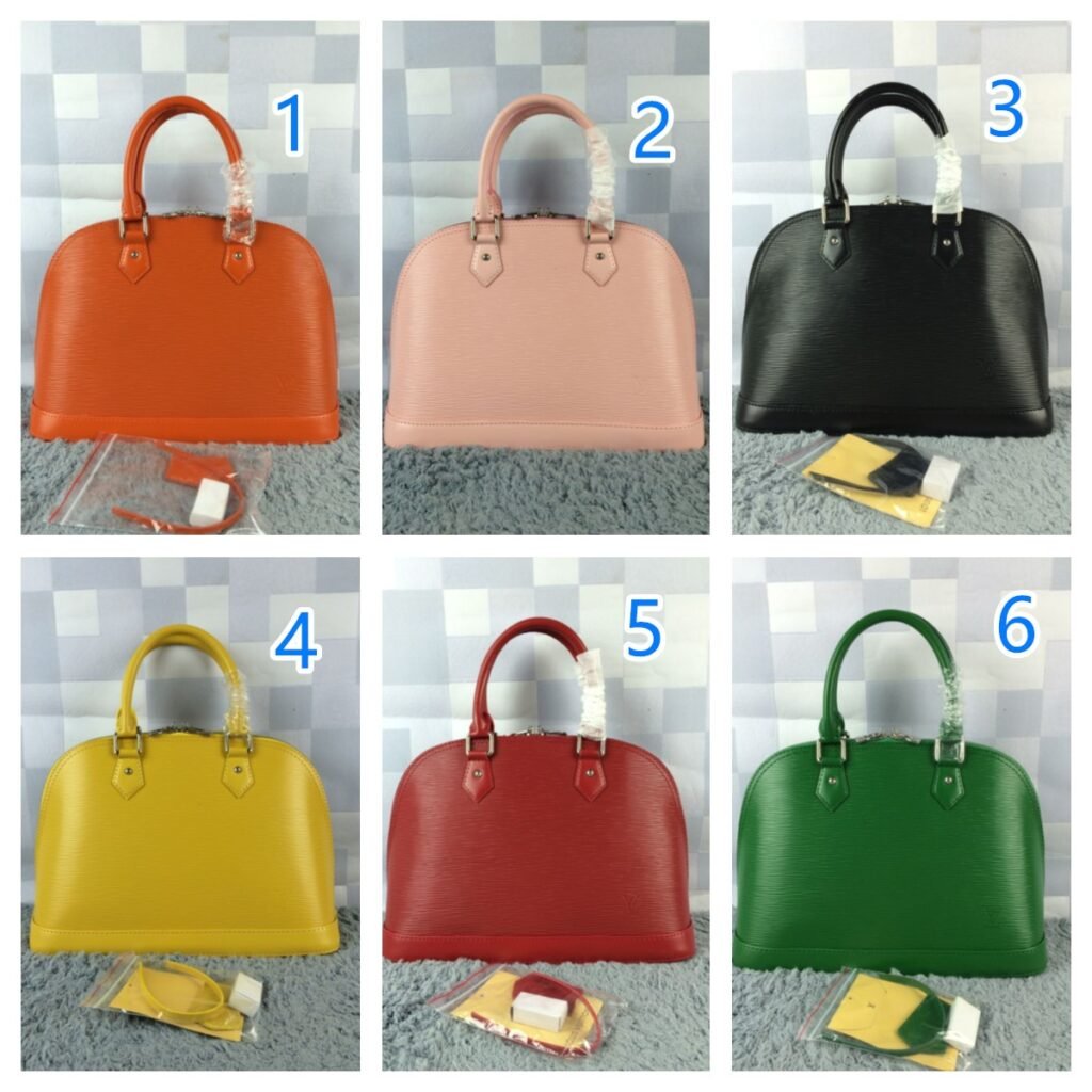 Louis Vuitton Alma bags in Epi leather in black, orange, pink, yellow, red, and green.
